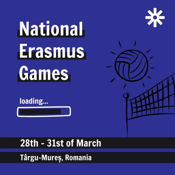 Banner of the 2024 National Erasmus Games - contains an image of a ball, a net, the date of the event, between the 28th and the 31st of March, and the location, in Targu-Mures, Romania